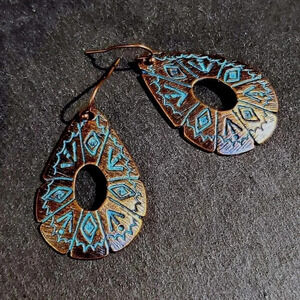 Antique Copper Verdigris Blue Green Patina Carved Open Teardrop Earrings